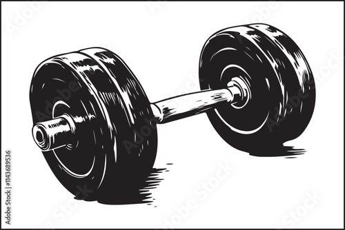 A white poster with a black and white image of a set of dumbbells