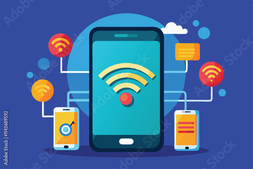 A flat illustration depicts the process of connecting a smartphone to Wi-Fi using icons and signals Set up the phone with wi-fi, using a flat illustration.