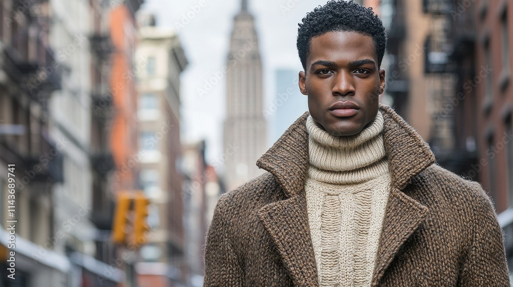 Stylish male model showcasing modern layered winter look in urban setting with architectural backdrop Stylish male model showcasing modern layered winter look in urban setting with architectural backdrop