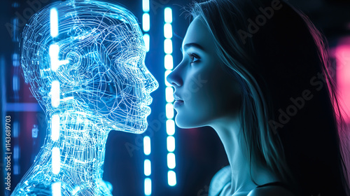 A woman faces an A.I. robot, both engaged in a moment of connection and curiosity. The concept of human-robot interaction, artificial intelligence, and the future of collaboration. Generative AI.