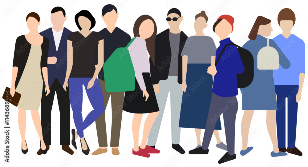 Fototapeta premium Ten fictional characters, men and women, a dense mixed crowd. Flat vector illustration isolated on white background.