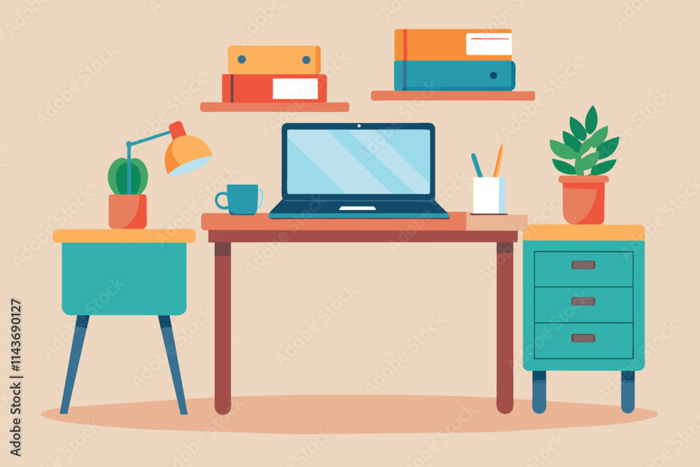 A simple desk showcases a laptop, notebook, plants, and stationery, creating a cozy workspace atmosphere Simple desk with laptop and notebook illustration A simple desk showcases a laptop, notebook, plants, and stationery, creating a cozy workspace atmosphere Simple desk with laptop and notebook illustration
