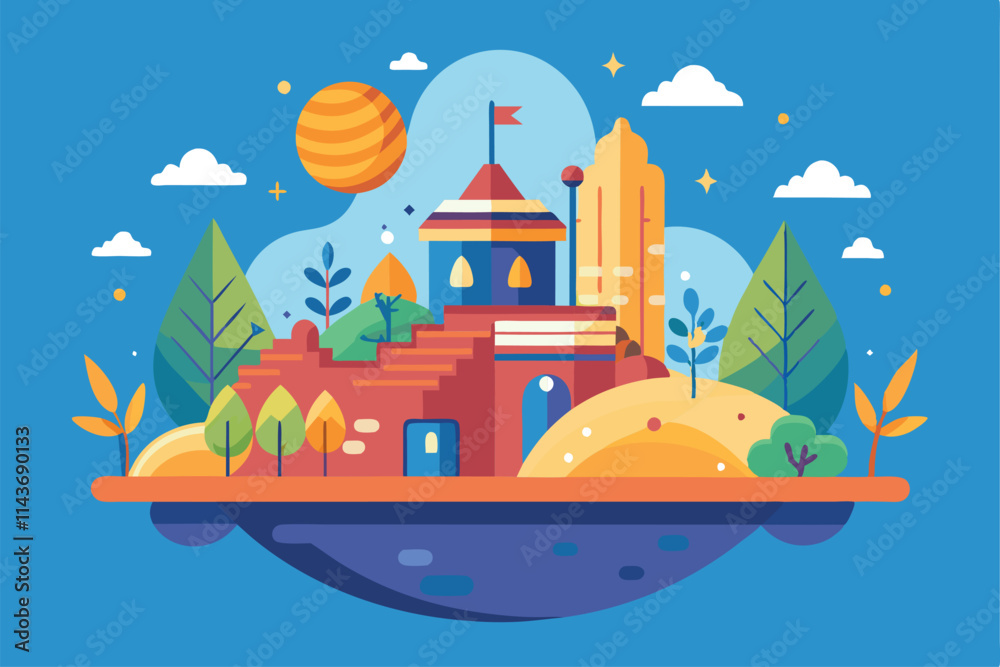 A whimsical castle appears in a colorful landscape with bright trees and mountains under a sunny sky Simple flat illustration concept A whimsical castle appears in a colorful landscape with bright trees and mountains under a sunny sky Simple flat illustration concept