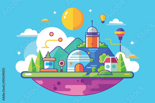 A bright and imaginative landscape showcases mountains, an observatory, and floating hot air balloons in the sky Simple flat illustration concept