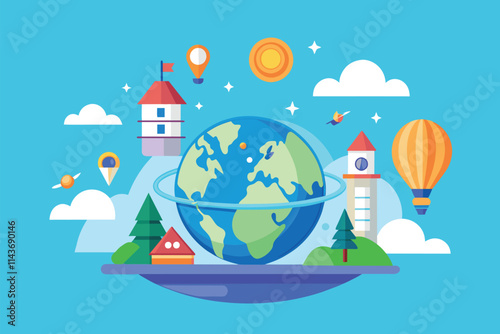 A vibrant depiction of a globe with nearby buildings, trees, and hot air balloons in a sunny background Simple flat illustration concept