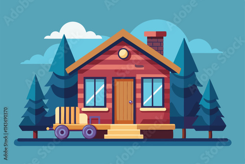 A cozy tiny house with a wooden exterior sits among green trees, showcasing a peaceful outdoor atmosphere Small customizable flat illustration of a tiny house.