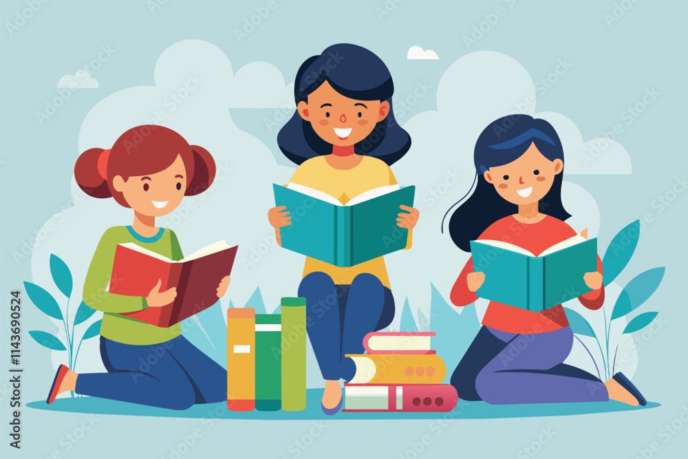 Three small individuals read books while sitting on the ground surrounded by greenery and colorful books Small individuals reading books, simple drawing Three small individuals read books while sitting on the ground surrounded by greenery and colorful books Small individuals reading books, simple drawing