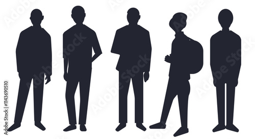 Five silhouette characters, only men. Flat vector illustration isolated on white background.