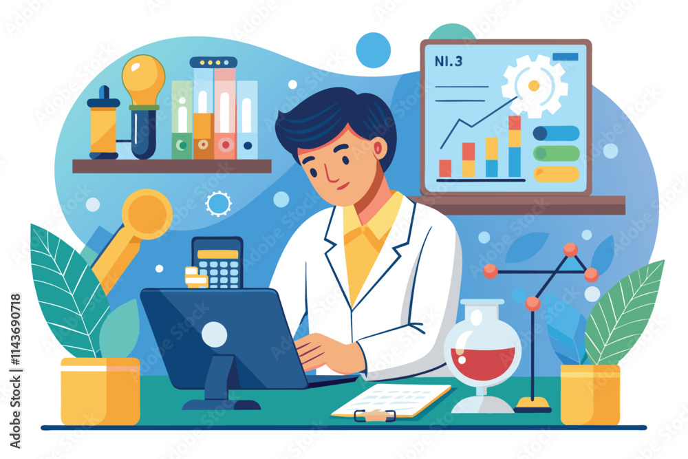 A researcher in a lab coats studies data on a computer surrounded by laboratory equipment and charts Small researcher studying data in lab, flat drawing A researcher in a lab coats studies data on a computer surrounded by laboratory equipment and charts Small researcher studying data in lab, flat drawing
