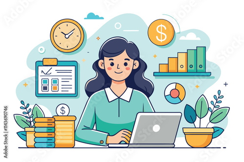 A woman is working on her laptop, overseeing the companys finances with charts and coins nearby Small woman manages company's financial information, simple drawing