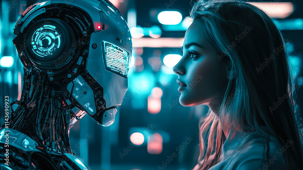 A woman faces an A.I. robot, both engaged in a moment of connection and curiosity. The concept of human-robot interaction, artificial intelligence, and the future of collaboration. Generative AI. A woman faces an A.I. robot, both engaged in a moment of connection and curiosity. The concept of human-robot interaction, artificial intelligence, and the future of collaboration. Generative AI.