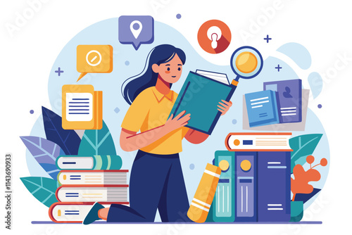 A small woman explores guidebooks for information in a colorful study environment, Small woman using guidebooks to search for information in a user manual, depicted in a flat illustration.