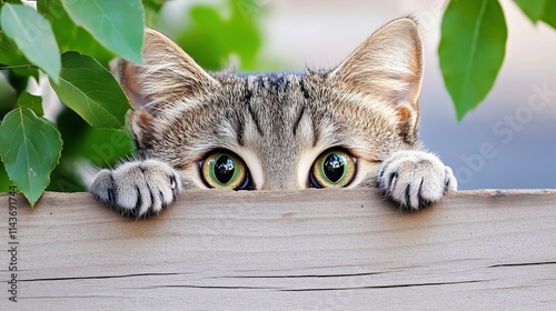 Adorable Tabby Cat Peeking Over Wooden Fence with Bright Green Eyes and Leafy Background – Whimsical Feline Nature Portrait