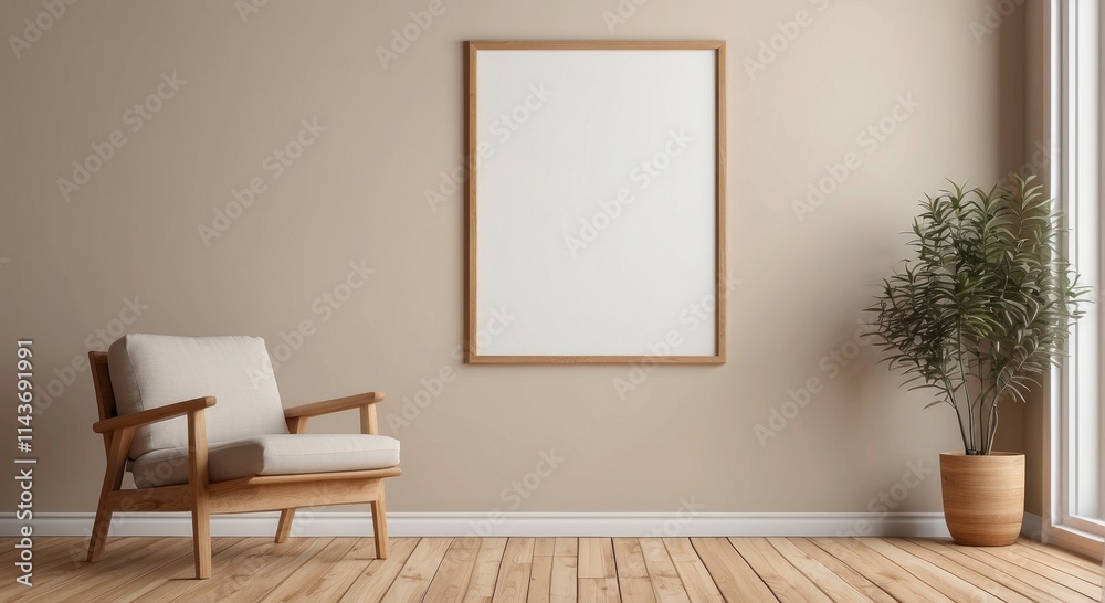 Fototapeta premium Modern minimalist room interior design with armchair and blank frame