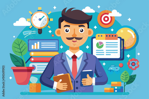 A friendly male character in a suit promotes a cartoon illustration service for businesses Starting a customizable cartoon illustration business project.