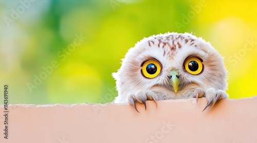 Adorable Baby Owl Peeking Over Edge with Vibrant Green and Yellow Bokeh Background – Whimsical Wildlife Portrait for Nature Enthusiasts