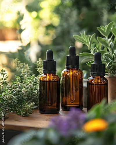 Luxurious natural beauty products featuring amber bottles, essential oils, and fresh herbs on a sundappled surface, perfect for an ecofriendly skincare campaign