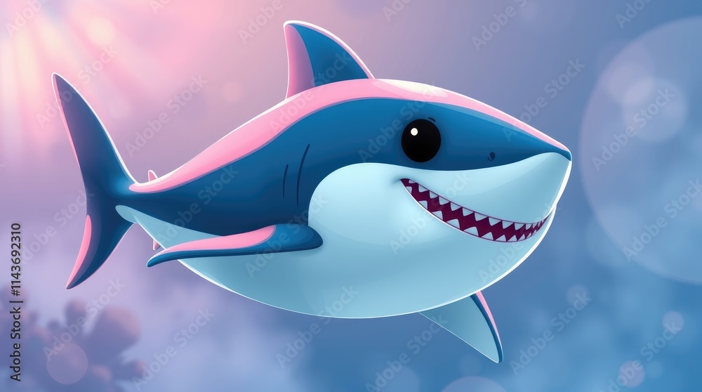 Obraz premium A playful marinebaby shark swims through a joyful underwater realm, surrounded by bright coral and sparkling sunlight, evoking a sense of wonder and fun
