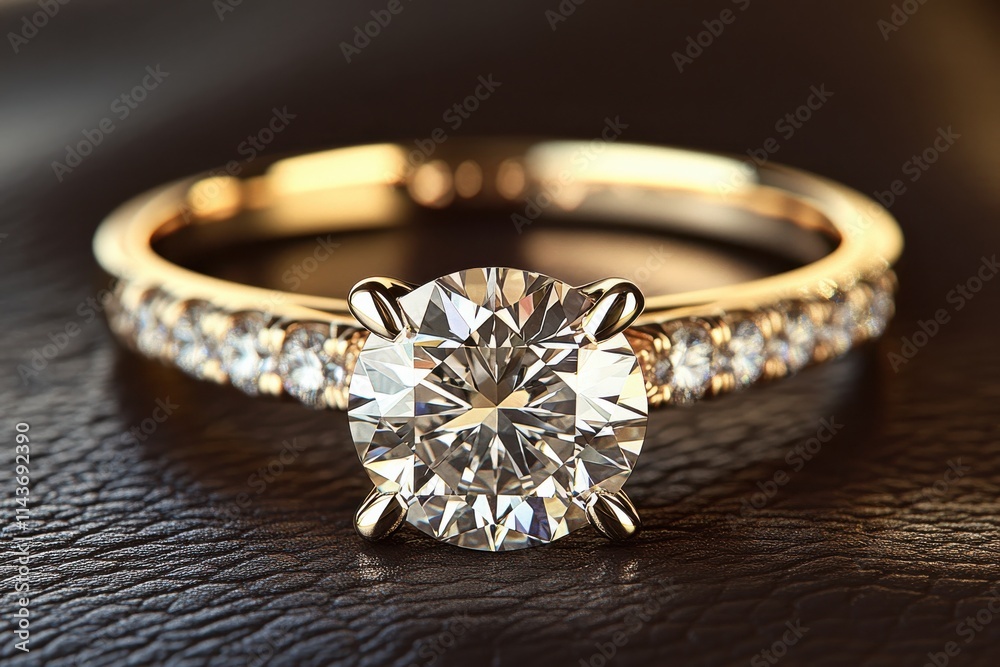 Elegant diamond engagement ring gold band pave diamonds large center stone macro photography Elegant diamond engagement ring gold band pave diamonds large center stone macro photography