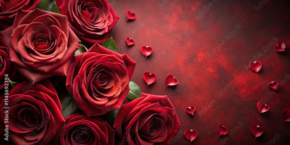 Romantic Red Roses and Heart-Shaped Petals on a Deep Red Background Romantic Red Roses and Heart-Shaped Petals on a Deep Red Background