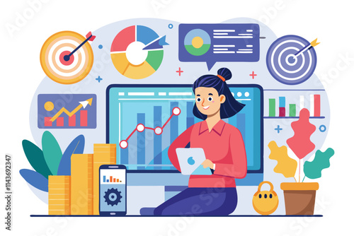 A financial analyst examines stock market trends using data charts and graphs on a computer Stock market data for target analyst trending and flat illustration.