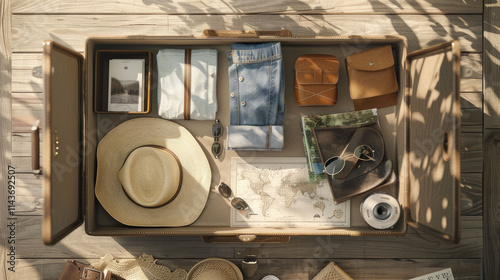 A stylish travel flat lay featuring an open vintage suitcase packed with neatly folded clothes, sunglasses, a straw hat