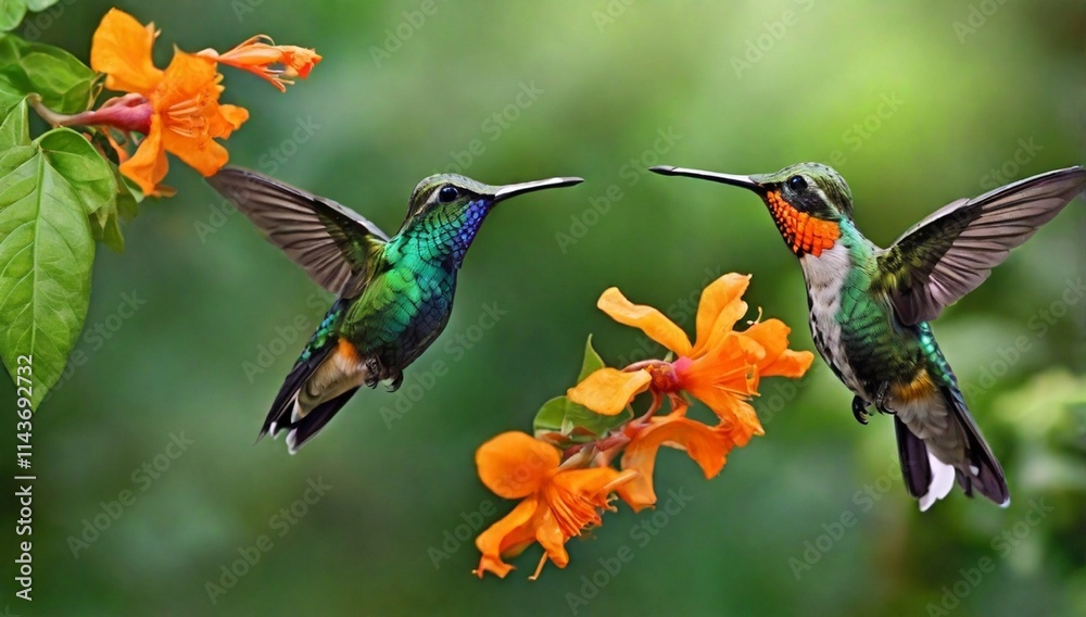 Fototapeta premium Hummingbird with orange flower - flight. Green Violet-ear, Colibri thalassinus, hummingbird with green leaves in natural habitat, Panama. 