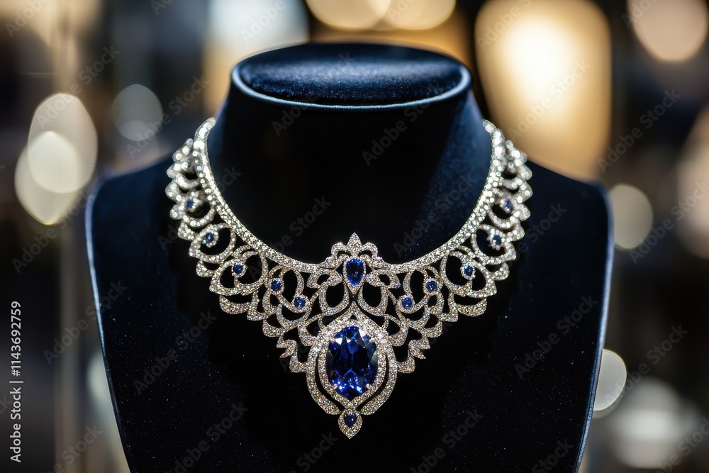 Elegant diamond necklace, large blue sapphire centerpiece, intricate filigree design Elegant diamond necklace, large blue sapphire centerpiece, intricate filigree design