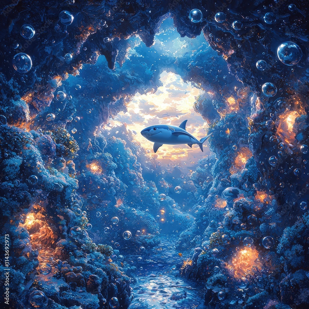 Fototapeta premium A stunning underwater realm comes alive with colorful corals, glittering bubbles, and a curious shark swimming gracefully as evening colors illuminate the depths