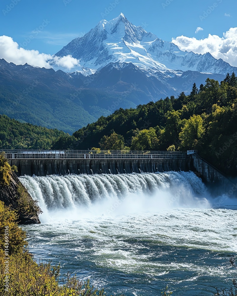 A dramatic scene of a hydroelectric dam with rushing water, set against a backdrop of verdant forests and majestic mountains under a crisp, cloudless sky A dramatic scene of a hydroelectric dam with rushing water, set against a backdrop of verdant forests and majestic mountains under a crisp, cloudless sky