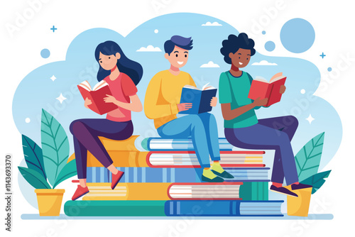 Three students sit on large piles of books, happily reading in a vibrant, colorful illustration Students sitting on books, reading in a flat illustration.