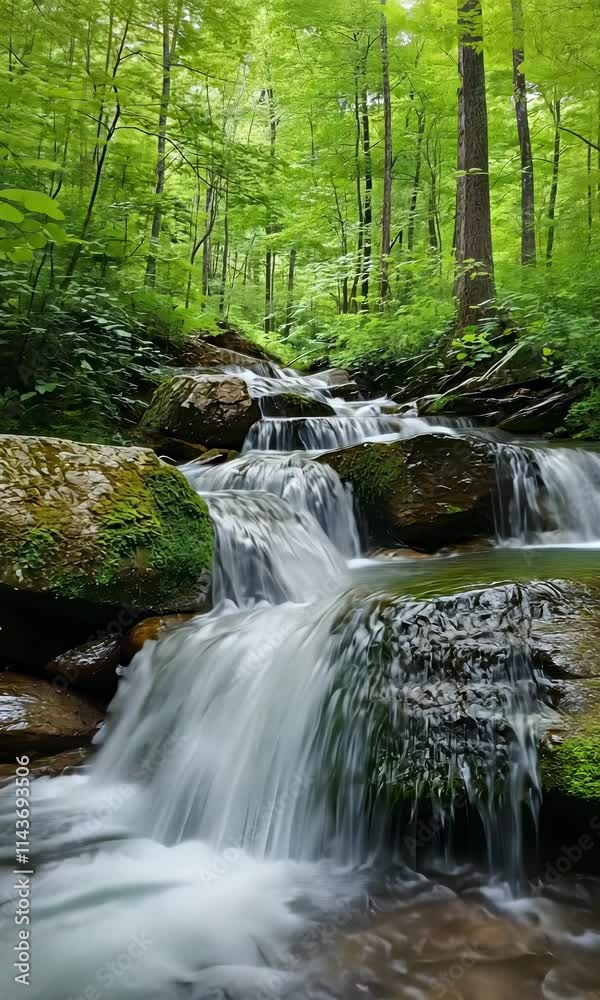 Water cascades gently over smooth rocks in a serene forest during late afternoon light Water cascades gently over smooth rocks in a serene forest during late afternoon light