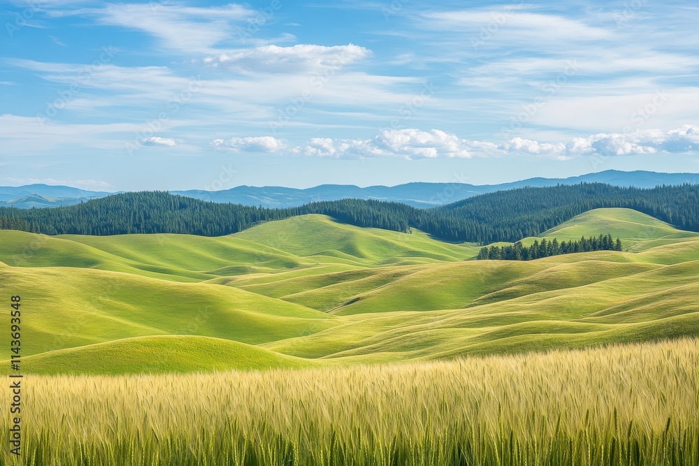 Fototapeta premium Fields of ripening golden wheat sway in the breeze blending with patches of green hills that stretch to the horizon