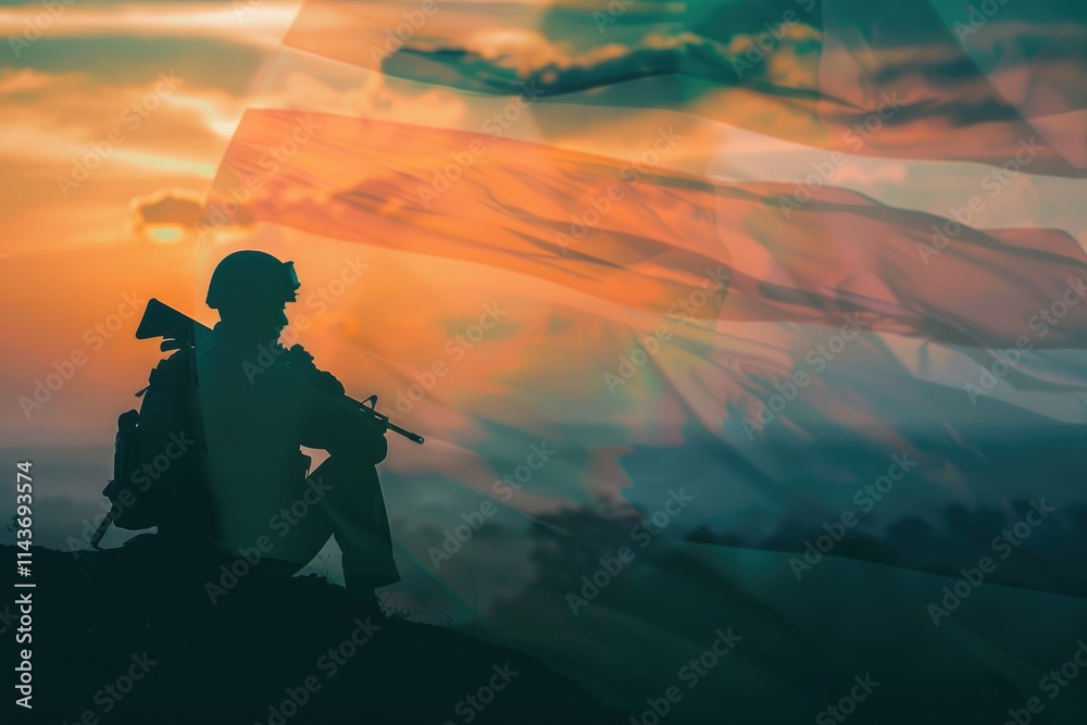 Fototapeta premium Illustration of Indian soldiers standing on top of a mountain with the flag