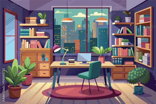 A well-organized study room features a desk, bookshelf, and plants with a city view at night Study room in a flat illustration.