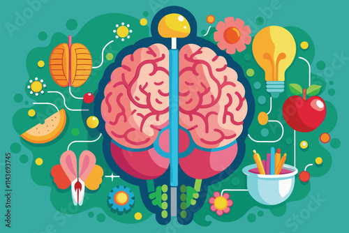 The illustration highlights the brain's organs, surrounded by symbols of creativity and health Study the brain's organs with a flat illustration.