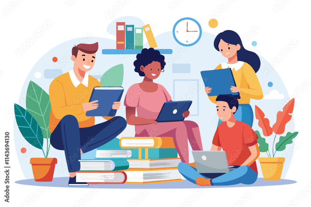 A group of four students collaborates on their studies surrounded by books and plants in a cozy setting Studying together, flat illustration. A group of four students collaborates on their studies surrounded by books and plants in a cozy setting Studying together, flat illustration.