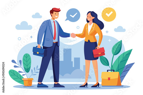 A man and woman shake hands, celebrating their successful partnership in a bright office environment Successful business partners, a man and woman, shaking hands in a flat illustration.