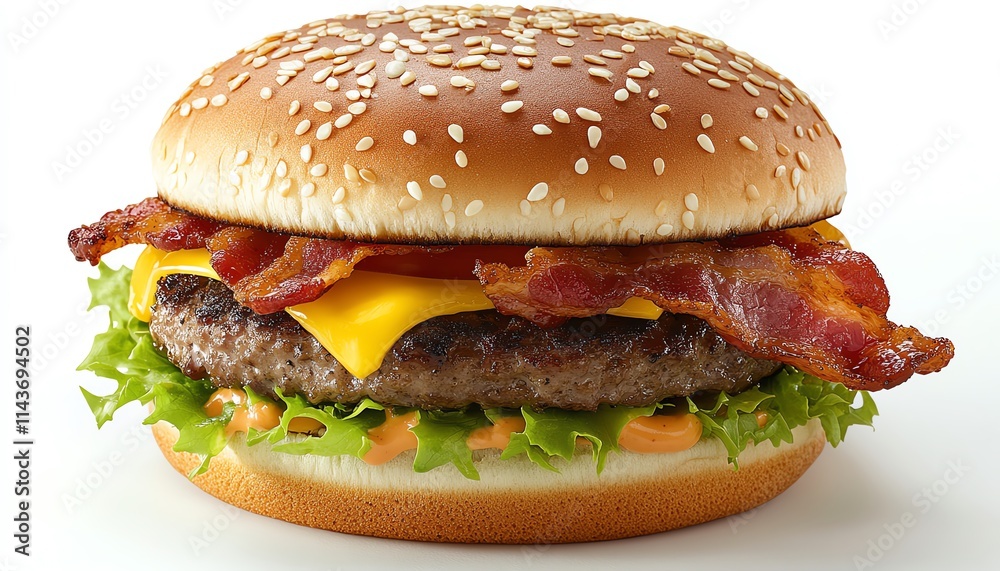 A rusticstyle cheeseburger with smoky bacon and green lettuce on a sesame seed bun, natural light, artisanal presentation, 4K detail
