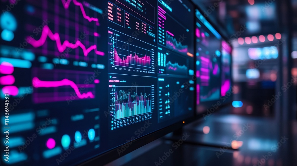 A close-up of digital screens displaying data visualizations and analytics. A close-up of digital screens displaying data visualizations and analytics.