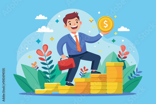 A confident investment professional stands atop stacked coins, proudly showcasing a gold coin in hand Successful investment man earns profit through flat illustration.