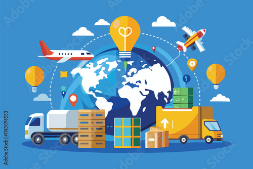 Global logistics distribution concept featuring air and ground transport with delivery elements, Suppliers' b2b idea for a global logistic distribution service company, illustrated in a flat design.