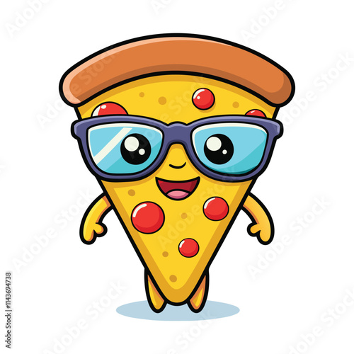 pizza slice cartoon character with sunglasses pointing