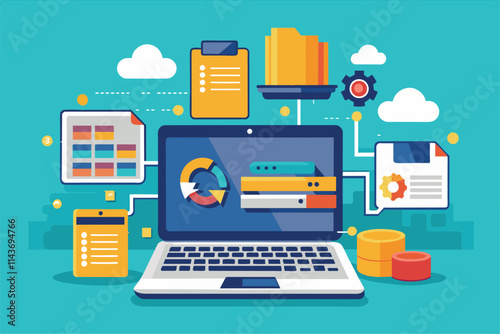 A laptop is actively syncing and backing up extensive data to ensure secure storage and organization Sync and back up large amounts of data on a laptop, illustrated in a flat style.