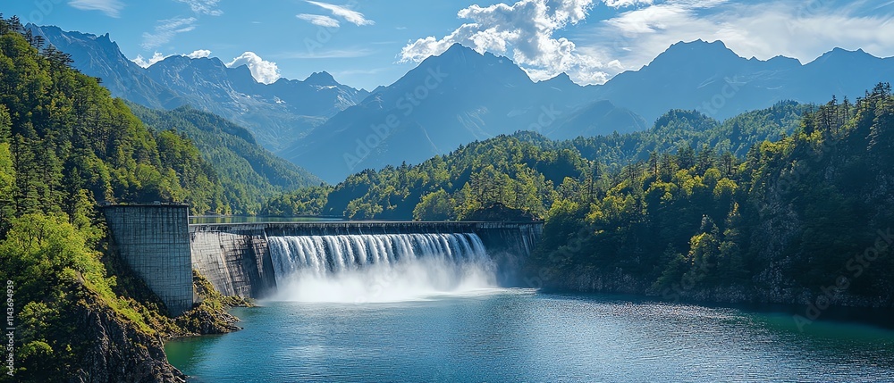 A stunning view of a large dam with powerful water flowing, surrounded by lush green forests and majestic mountains under a crystalclear blue sky A stunning view of a large dam with powerful water flowing, surrounded by lush green forests and majestic mountains under a crystalclear blue sky