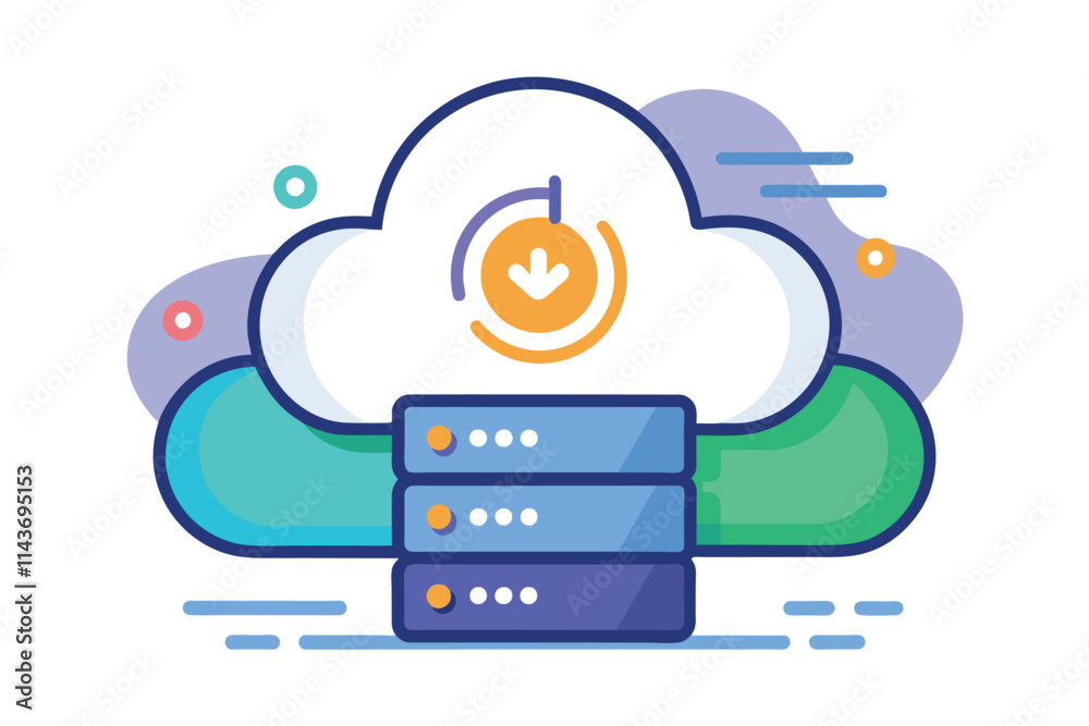 A colorful illustration depicts the cloud data syncing process with servers and a dynamic download symbol Syncing cloud data, flat illustration. A colorful illustration depicts the cloud data syncing process with servers and a dynamic download symbol Syncing cloud data, flat illustration.