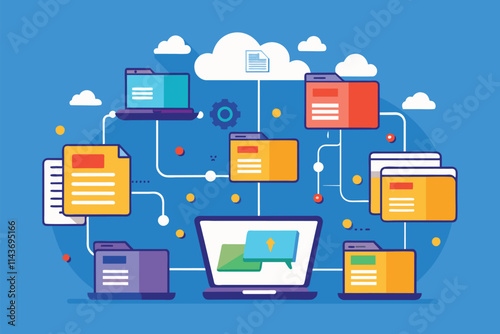 Illustration showing the process of syncing folders across multiple devices in a big data environment Syncing folders in big data, illustrated in a flat style.