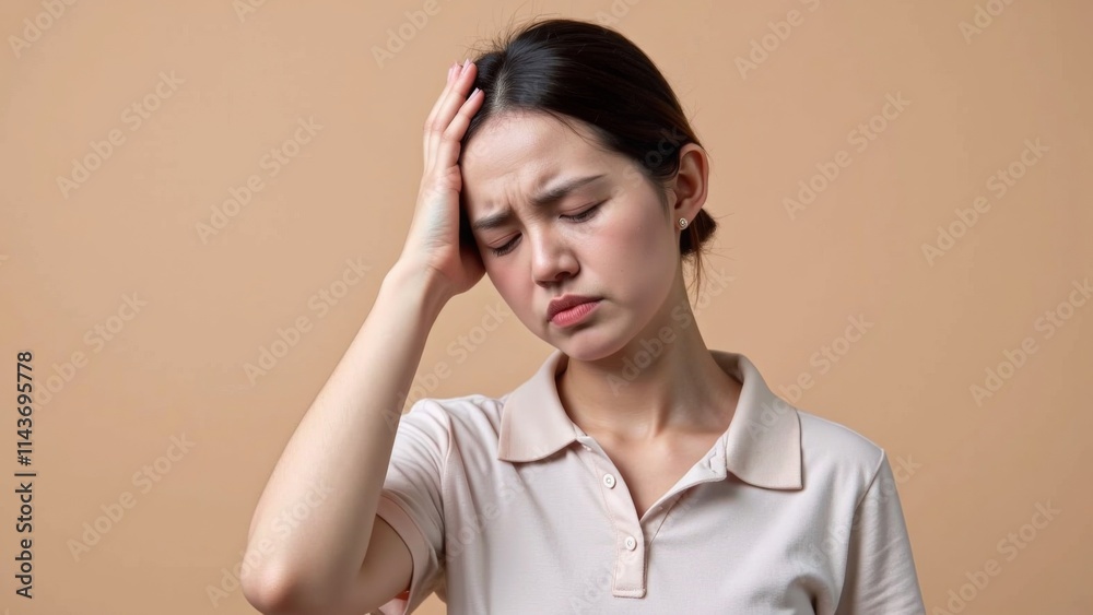 Fototapeta premium Woman Experiencing Stress in Modern Office, Holding Temples, Symbolizing Workplace Challenges and Emotional Strain