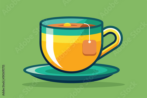 A colorful cup of tea sits on a matching plate, showcasing a tea bag and inviting customization Tea with customizable and disproportionate illustration.