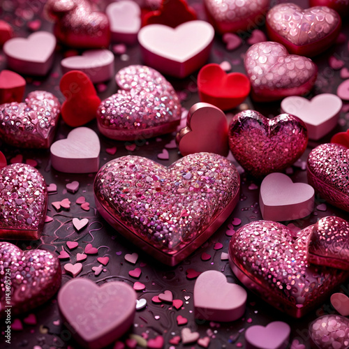 The image features a collection of heart-shaped objects, primarily in shades of pink and red, arranged in a scattered pattern on a dark background. Some hearts are glittery and have a textured appeara